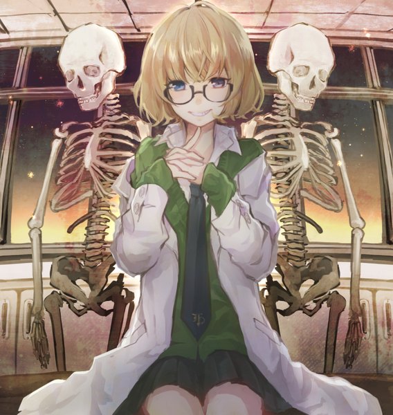 Anime picture 900x950 with original kei (k tmr) single tall image looking at viewer fringe short hair blonde hair smile indoors pleated skirt heterochromia open collar skeleton girl skirt miniskirt shirt glasses necktie