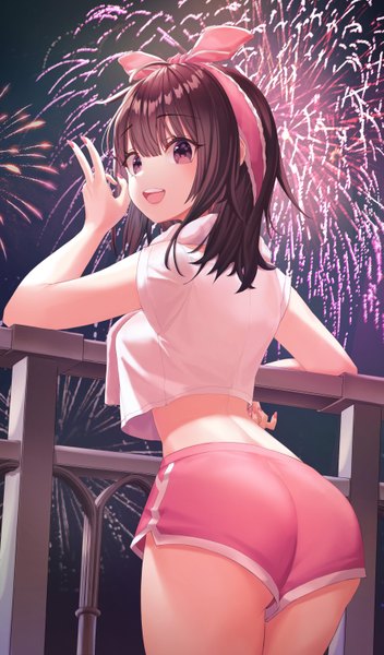 Anime picture 3659x6224 with original munseonghwa single long hair tall image looking at viewer fringe highres breasts open mouth light erotic smile hair between eyes brown hair standing purple eyes absurdres outdoors ass nail polish