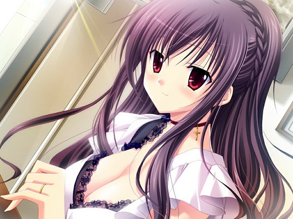 Anime picture 1024x768 with prima stella long hair red eyes game cg purple hair girl ring collar