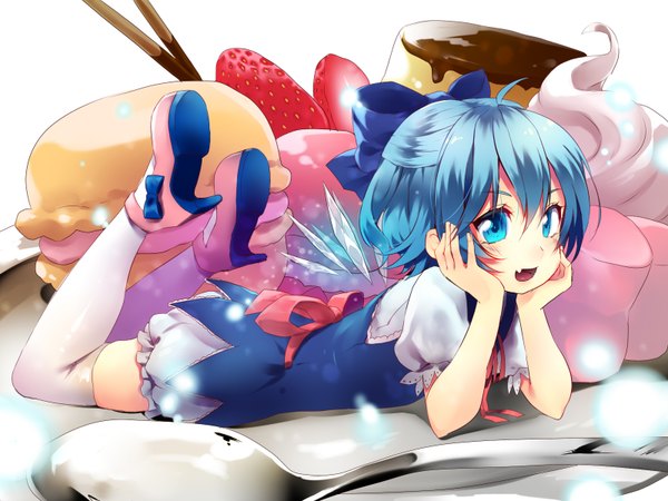 Anime picture 1600x1200 with touhou cirno hijiri-ssh single blush short hair open mouth blue eyes blue hair girl thighhighs dress bow hair bow white thighhighs food shoes sweets spoon cream