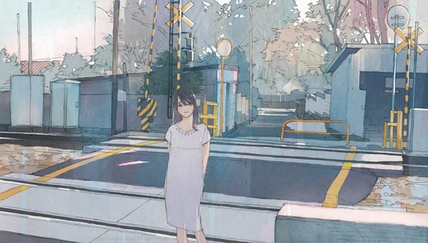Anime picture 822x467 with original wamizu single long hair looking at viewer fringe black hair wide image standing black eyes hands behind back railroad crossing girl dress plant (plants) tree (trees) white dress building (buildings)
