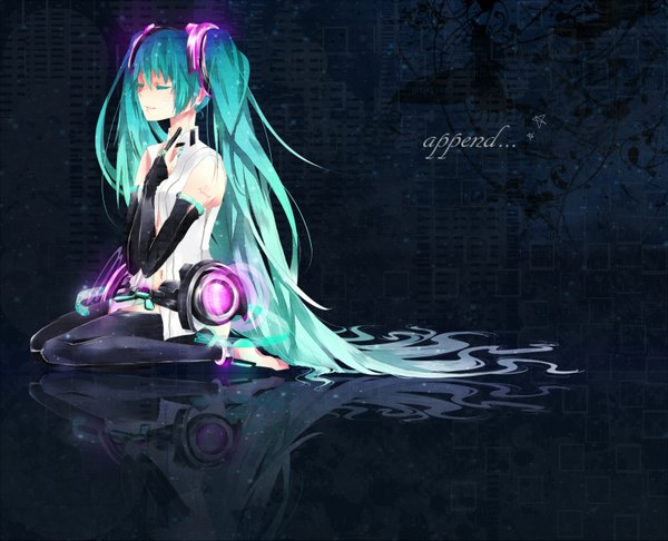 Anime picture 3200x2594 with vocaloid vocaloid append hatsune miku hatsune miku (append) japu (pu san love) single long hair highres twintails absurdres eyes closed aqua hair reflection girl detached sleeves