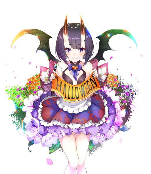 Anime picture 1300x1495 with fate (series) fate/grand order shuten douji (fate) pilokey single tall image looking at viewer blush fringe short hair simple background smile white background sitting purple eyes bare shoulders holding purple hair horn (horns) alternate costume