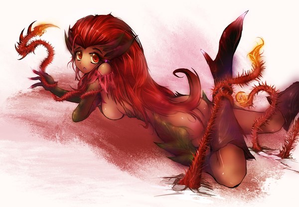 Anime picture 2600x1800 with league of legends zyra (league of legends) dedor single long hair looking at viewer highres open mouth light erotic red eyes red hair horn (horns) monster girl girl plant (plants) boots