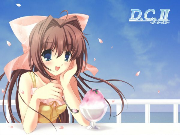 Anime picture 1280x960 with da capo da capo ii asakura otome blue eyes brown hair ponytail wallpaper jpeg artifacts ribbon (ribbons) hair ribbon shaved ice