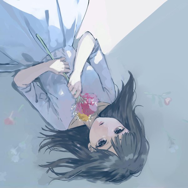 Anime picture 1440x1440 with original pomu (joynet) single long hair looking at viewer fringe black hair simple background hair between eyes holding lying blunt bangs from above shadow on back expressionless girl dress flower (flowers) white dress