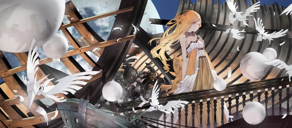 Anime-Bild 2234x982 mit original zxq single long hair highres blonde hair wide image standing bare shoulders brown eyes looking away sky cleavage wind hand on chest expressionless girl dress bow animal