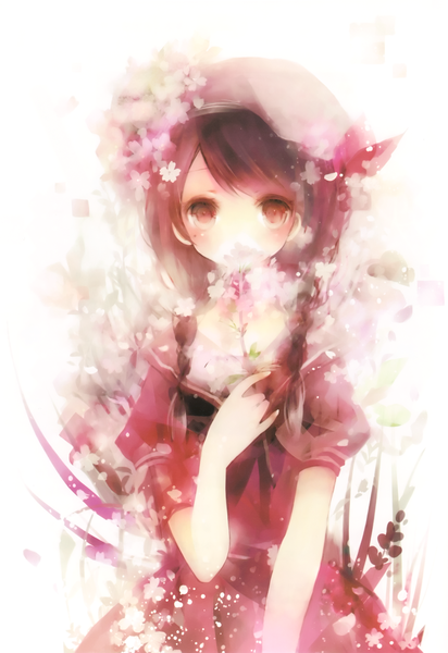 Anime picture 1619x2356 with original shimeko single long hair tall image looking at viewer blush simple background brown hair white background brown eyes braid (braids) scan twin braids girl dress flower (flowers) ribbon (ribbons) beret red dress