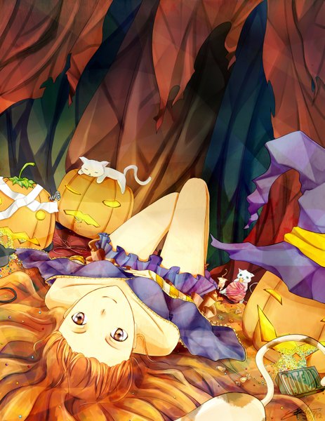 Anime picture 2550x3300 with original kuryuki single long hair tall image looking at viewer highres smile brown eyes lying orange hair halloween girl dress animal cat witch hat candy paper vegetables