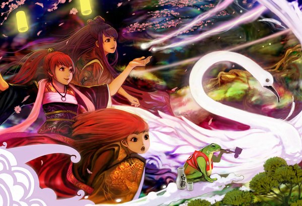 Anime picture 1024x700 with original rungsak sontayanont long hair open mouth smile red eyes multiple girls purple hair red hair japanese clothes black eyes night magic girl bow plant (plants) hair bow animal tree (trees) kimono