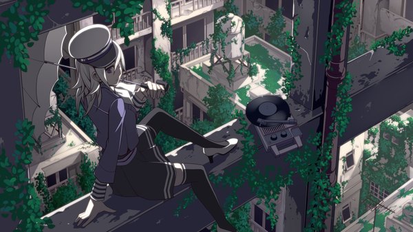 Anime picture 1600x900 with ama no jaku (vocaloid) torigoe takumi single long hair blue eyes wide image sitting white hair girl thighhighs skirt uniform black thighhighs plant (plants) school uniform hat umbrella gramophone record