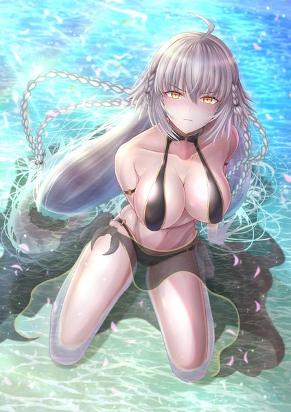 Anime picture 2894x4093 with fate (series) fate/grand order jeanne d'arc (fate) (all) jeanne d'arc alter (fate) penguintake single tall image looking at viewer blush fringe highres breasts light erotic hair between eyes large breasts twintails bare shoulders yellow eyes cleavage silver hair