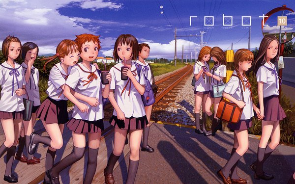 Anime picture 1680x1050 with robot (manga) range murata long hair short hair black hair brown hair wide image twintails multiple girls brown eyes sky cloud (clouds) braid (braids) pleated skirt copyright name twin braids holding hands 6+ girls walking 10 girls