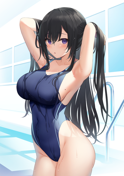 Anime picture 2046x2894 with original miko (royal milk) single long hair tall image looking at viewer blush fringe highres breasts open mouth light erotic black hair hair between eyes large breasts standing purple eyes payot cleavage indoors
