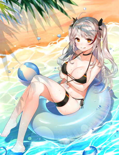 Anime picture 2300x3000 with azur lane prinz eugen (azur lane) prinz eugen (unfading smile) (azur lane) reel (riru) single long hair tall image looking at viewer blush fringe highres breasts light erotic large breasts payot silver hair ahoge outdoors multicolored hair barefoot