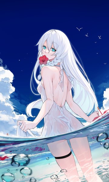 Anime picture 2894x4823 with original waterdog single tall image looking at viewer fringe highres breasts blue eyes light erotic hair between eyes standing bare shoulders holding signed sky cloud (clouds) outdoors white hair braid (braids)