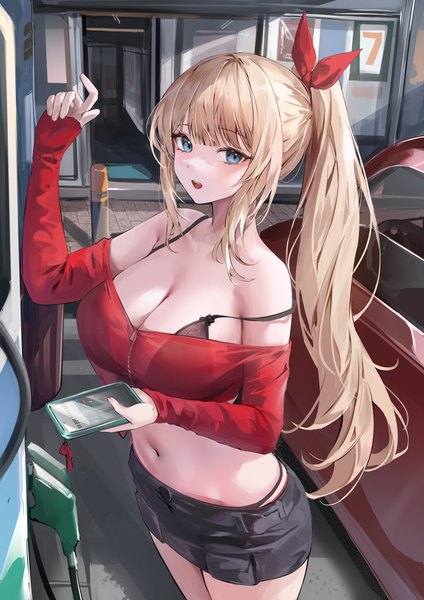 Anime-Bild 4949x7000 mit original lillly single long hair tall image looking at viewer blush fringe highres breasts open mouth blue eyes light erotic blonde hair large breasts standing bare shoulders holding payot absurdres