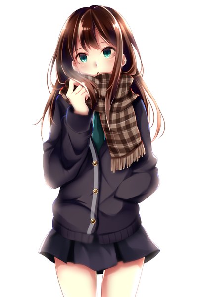 Anime picture 1000x1500 with idolmaster idolmaster cinderella girls shibuya rin milkcandy single long hair tall image looking at viewer blush fringe open mouth simple background brown hair standing white background green eyes adjusting hair exhalation hand in pocket plaid