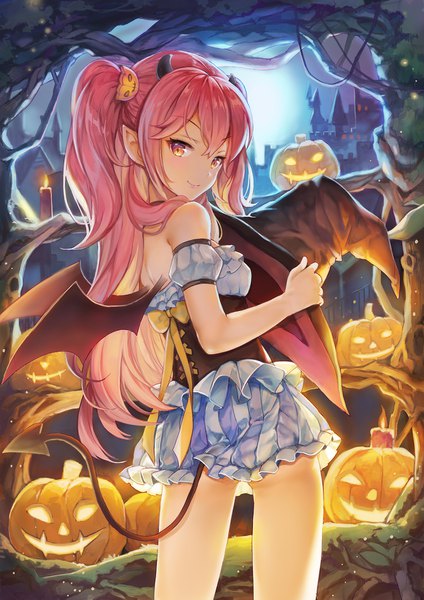 Anime picture 1200x1697 with original sibyl single long hair tall image looking at viewer blush fringe smile hair between eyes standing yellow eyes payot pink hair tail looking back horn (horns) from behind night short sleeves