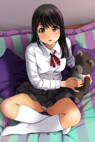 Anime picture 800x1200 with original matsunaga kouyou single long hair tall image looking at viewer blush fringe open mouth light erotic black hair smile hair between eyes sitting :d from above black eyes pantyshot pantyshot sitting indian style