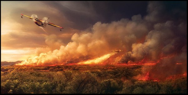 Anime picture 1300x658 with original grafik (artist) wide image sky border smoke flying landscape plant (plants) tree (trees) fire forest aircraft airplane