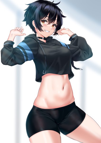 Anime picture 2508x3541 with original rama (yu-light8) single tall image looking at viewer blush fringe highres short hair breasts light erotic black hair smile hair between eyes standing brown eyes long sleeves arms up midriff thighs
