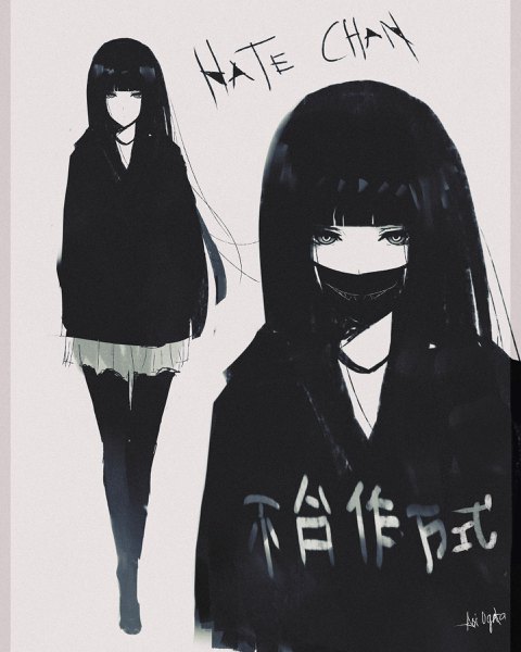 Anime picture 1920x2400 with original hate-chan (aoi ogata) aoi ogata long hair tall image looking at viewer fringe highres simple background smile multiple girls signed pleated skirt wind inscription grey background grey eyes text hieroglyph multiview