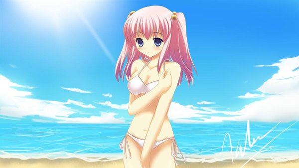 Anime picture 1280x720 with original kaho okashii single long hair blush light erotic wide image twintails purple eyes pink hair sky cloud (clouds) sunlight beach girl swimsuit bikini sea sun