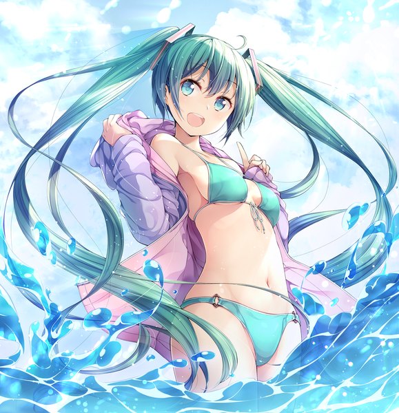 Anime picture 1500x1554 with vocaloid hatsune miku matsuuni single tall image blush fringe breasts open mouth light erotic smile hair between eyes standing twintails bare shoulders holding looking away sky cloud (clouds) ahoge