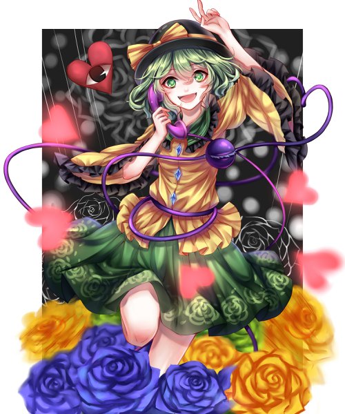 Anime picture 2000x2400 with touhou komeiji koishi sheya single tall image looking at viewer fringe highres short hair open mouth hair between eyes holding green eyes :d pleated skirt arm up green hair wide sleeves border victory