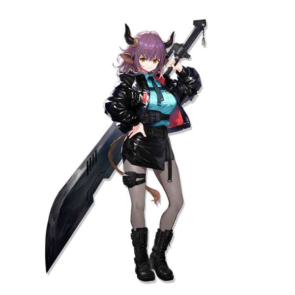 Anime picture 1024x1024 with arknights sideroca (arknights) sho (sho lwlw) single looking at viewer fringe short hair hair between eyes standing animal ears purple hair full body tail animal tail horn (horns) open jacket official art orange eyes hand on hip transparent background