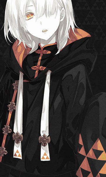 Anime picture 758x1254 with original amaichi esora single tall image looking at viewer fringe short hair open mouth yellow eyes upper body white hair long sleeves traditional clothes head tilt hair over one eye black background chinese clothes girl hood hoodie