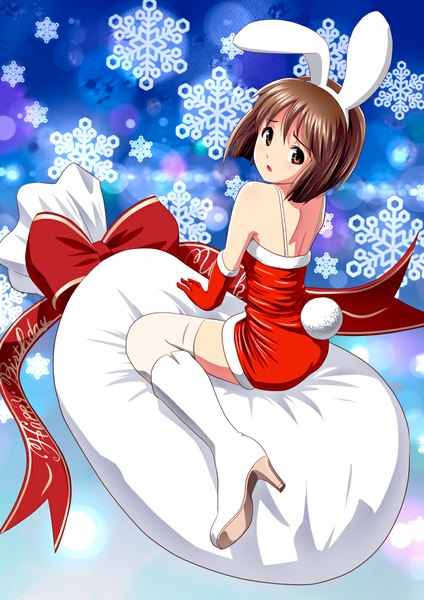 Anime picture 707x1000 with idolmaster hagiwara yukiho ponnetsu single tall image short hair brown hair brown eyes animal ears tail animal tail bunny ears bunny tail girl thighhighs dress gloves bow white thighhighs boots