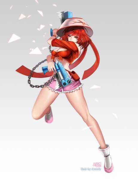 Anime picture 2132x2768 with original ravaniz single tall image looking at viewer highres short hair red eyes cleavage red hair girl skirt weapon hat gun chain