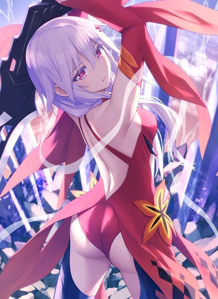 Anime picture 635x869 with guilty crown production i.g yuzuriha inori haribote (tarao) single long hair tall image looking at viewer fringe breasts light erotic hair between eyes standing holding payot pink hair ass pink eyes looking back from behind