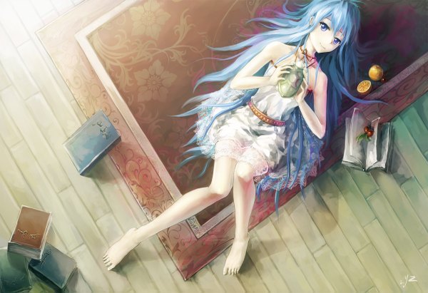 Anime picture 1200x823 with denpa onna to seishun otoko shaft (studio) touwa erio 2y.z (artist) single long hair blue eyes smile bare shoulders blue hair lying barefoot girl dress book (books) sundress fruit lemon turtle