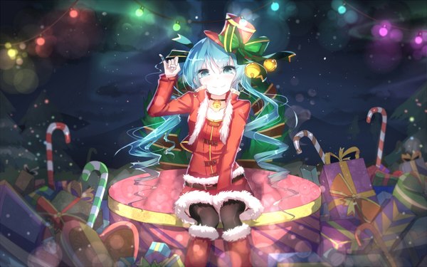 Anime picture 1800x1125 with vocaloid hatsune miku qys3 single long hair looking at viewer highres smile sitting twintails aqua hair night night sky drill hair christmas girl skirt ribbon (ribbons) miniskirt pantyhose