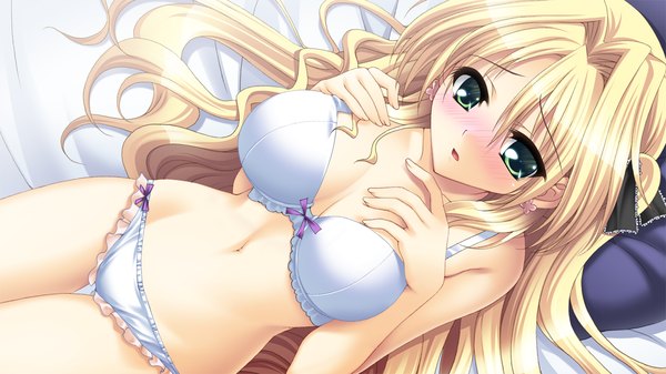 Anime picture 1280x720 with mashiro summer amagi sakino ikura nagisa long hair blush light erotic blonde hair wide image green eyes game cg underwear only girl navel underwear panties