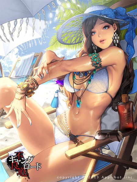 Anime picture 700x933 with furyou michi ~gang road~ love cacao single long hair tall image looking at viewer breasts blue eyes light erotic black hair sitting sky cloud (clouds) nail polish girl navel swimsuit earrings bikini bracelet
