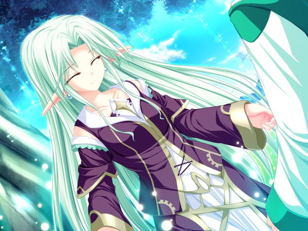 Anime picture 1600x1200 with magus tale whirlpool (studio) cecile absentia tenmaso long hair smile game cg sky cloud (clouds) eyes closed green hair pointy ears spread arms elf girl plant (plants) detached sleeves earrings tree (trees) insect