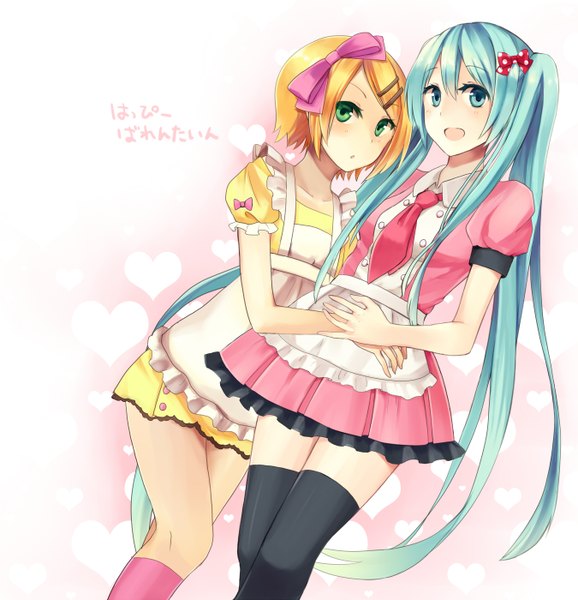Anime picture 1350x1400 with vocaloid hatsune miku kagamine rin long hair tall image short hair open mouth simple background blonde hair white background twintails multiple girls green eyes aqua eyes aqua hair girl thighhighs dress bow black thighhighs