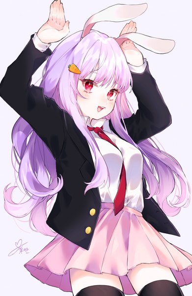 Anime picture 2310x3541 with touhou reisen udongein inaba youtan single long hair tall image highres open mouth simple background red eyes signed animal ears purple hair :d pleated skirt bunny ears bunny pose girl thighhighs skirt