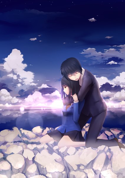 Anime picture 2480x3507 with 5 centimeters per second toono takaki shinohara akari fs-project (artist) tall image highres short hair black hair brown eyes absurdres sky cloud (clouds) eyes closed couple hug evening sunset girl boy uniform
