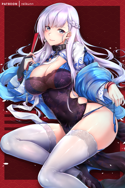 Anime picture 1040x1560 with azur lane belfast (azur lane) belfast (iridescent rose) (azur lane) rei kun single long hair tall image looking at viewer blush fringe breasts light erotic simple background smile large breasts purple eyes holding signed cleavage purple hair