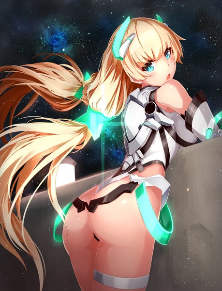 Anime picture 1500x1960 with expelled from paradise angela balzac takanashi kei (hitsujikan) single long hair tall image looking at viewer blush fringe breasts open mouth blue eyes light erotic blonde hair large breasts standing twintails sky ass outdoors