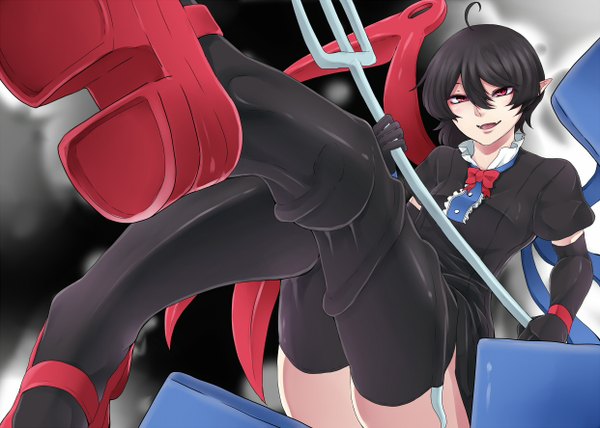 Anime picture 1242x888 with touhou houjuu nue ninonini single short hair open mouth black hair red eyes sitting pointy ears teeth fang (fangs) legs girl thighhighs dress gloves black thighhighs wings elbow gloves