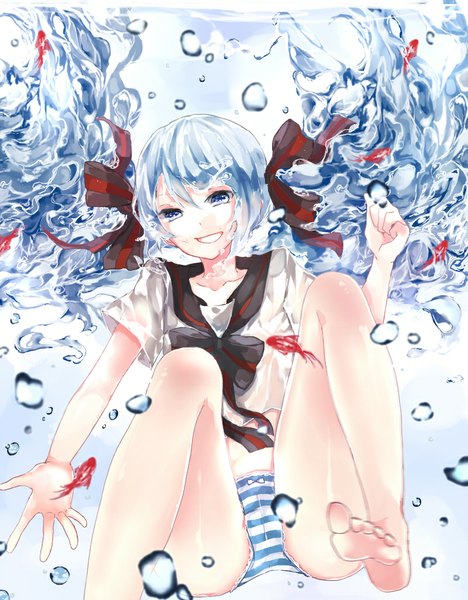 Anime picture 800x1024 with vocaloid hatsune miku bottle miku mekooo single long hair tall image looking at viewer fringe blue eyes light erotic smile twintails bent knee (knees) barefoot aqua hair bare legs wet legs liquid hair