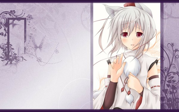 Anime picture 1920x1200 with touhou inubashiri momiji looking at viewer blush highres short hair open mouth red eyes wide image white hair wolf girl girl hat detached sleeves
