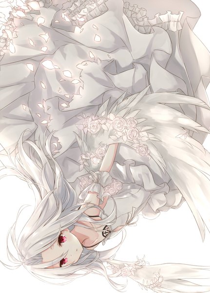 Anime picture 756x1051 with original azuuru single long hair tall image looking at viewer fringe simple background hair between eyes red eyes white background bare shoulders silver hair ahoge angel wings white wings upside down falling albino girl