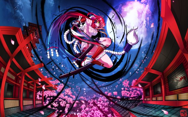 Anime picture 2560x1600 with hyakka ryouran samurai girls arms corporation yagyuu juubei (hyakka ryouran) isshi single long hair highres open mouth light erotic wide image yellow eyes cloud (clouds) red hair traditional clothes night sky cherry blossoms flying girl weapon petals